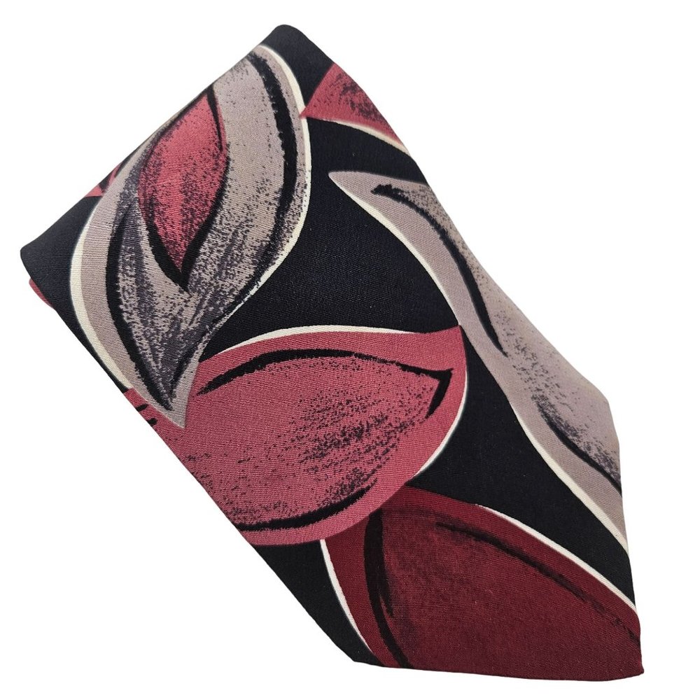 Bachrach Mens Neck Tie Silk Abstact Pattern Black Gray Burgundy USA